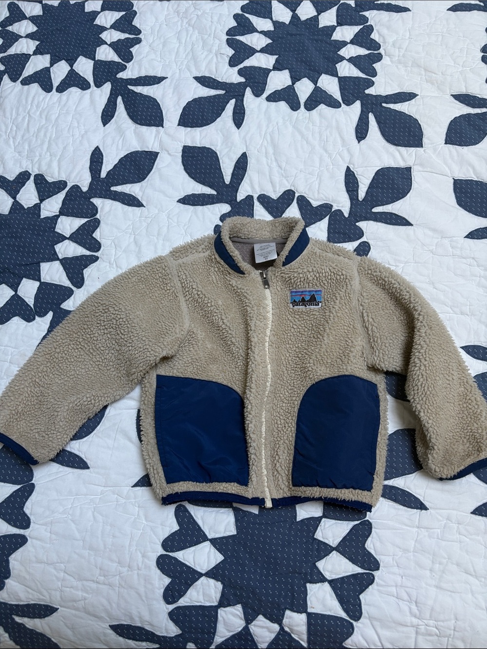 Patagonia Kids Tan Sherpa Puffer Jacket with Navy Pocket Panels
